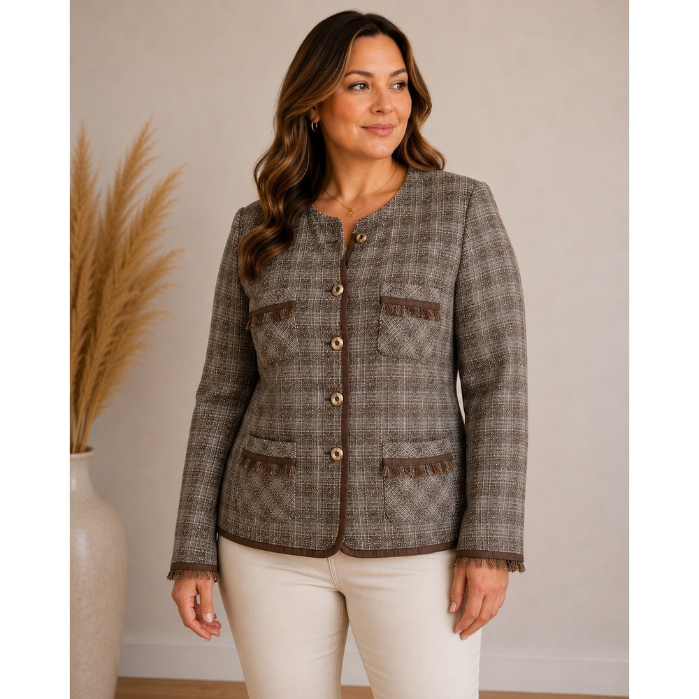 Sag Harbor Tweed Blazer Womens 12 Brown Plaid‎ Fringe Trim Button Front Jacket